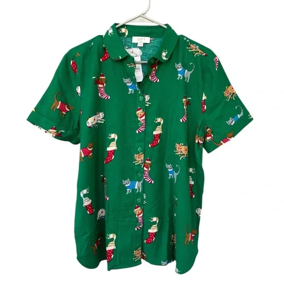 NWT The LOFT Cat Kittens Christmas Pajama Top - Size Medium - Green - Picture 4 of 12
